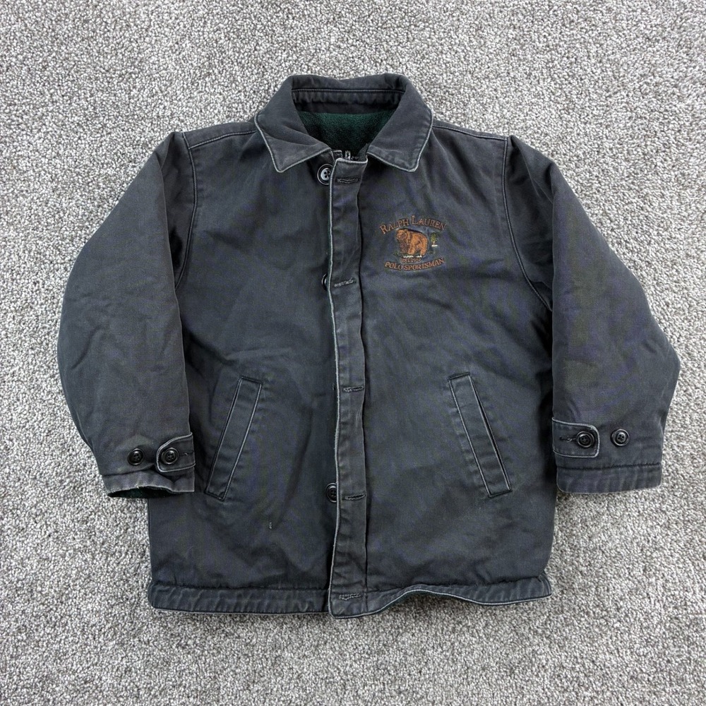 Vintage Polo Ralph Lauren Sportsman Jacket Kids 5 Black Cotton Reversible Bear